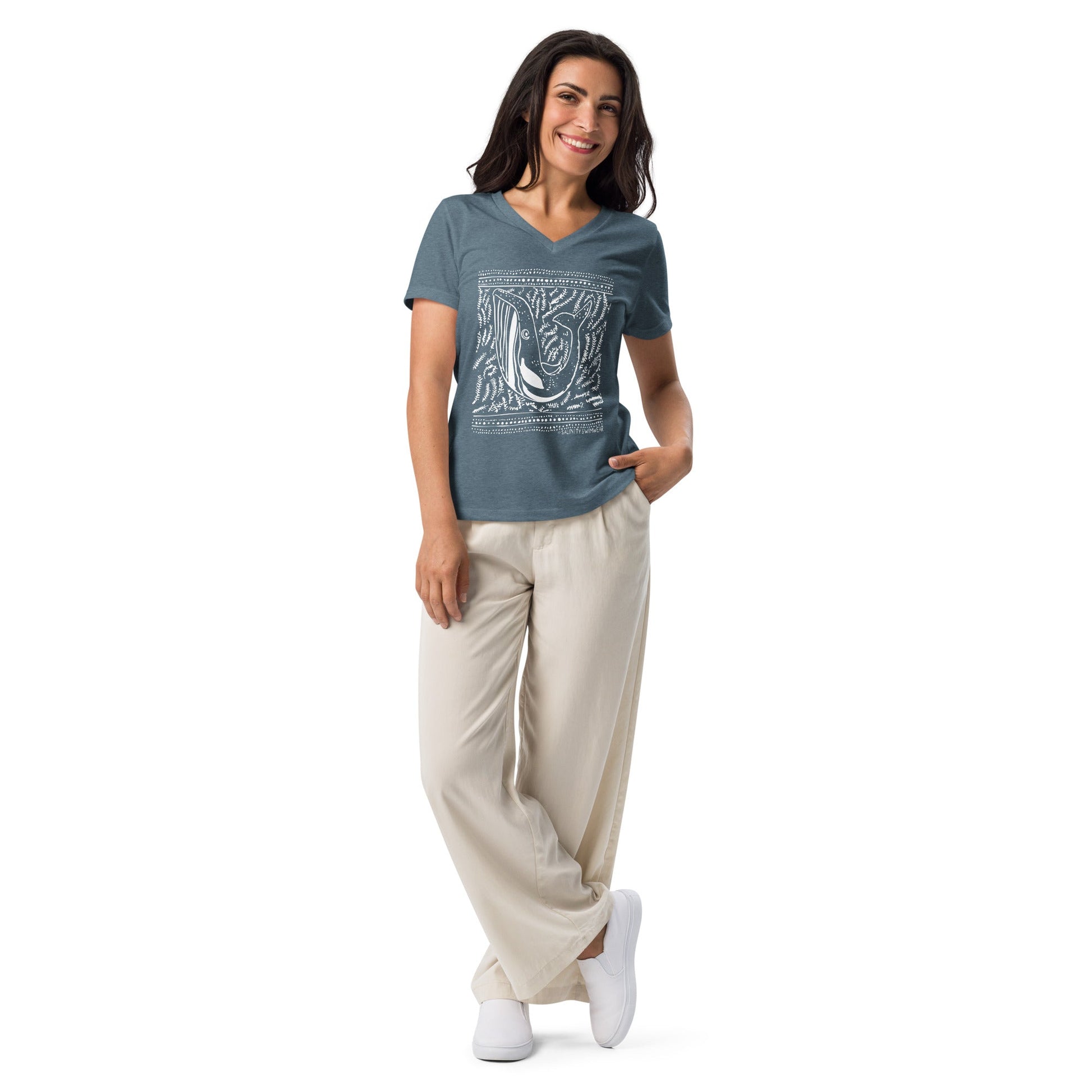 Block Print Whale Women’s V-neck T-Shirt - 