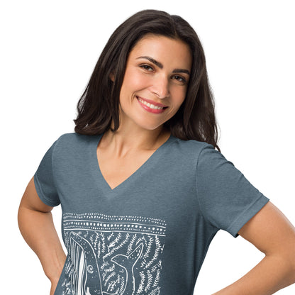Block Print Whale Women’s V-neck T-Shirt - 