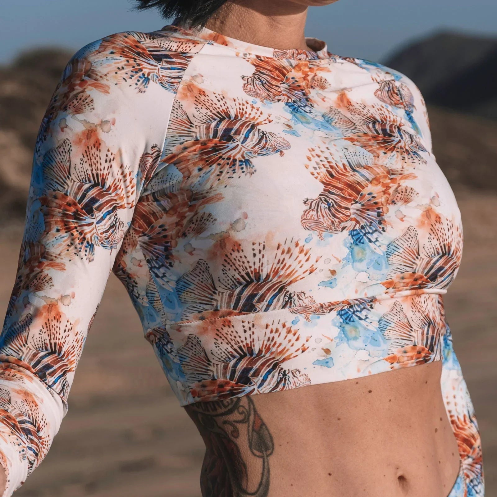 Invasive Lionfish Eco Cropped Rash Guard -  - ["fish","Invasive Lionfish","rash guard","women"]